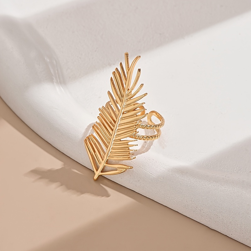 Golden Tone Stainless Steel Leaf Ring for Women Adjustable Open Delicate Accesso